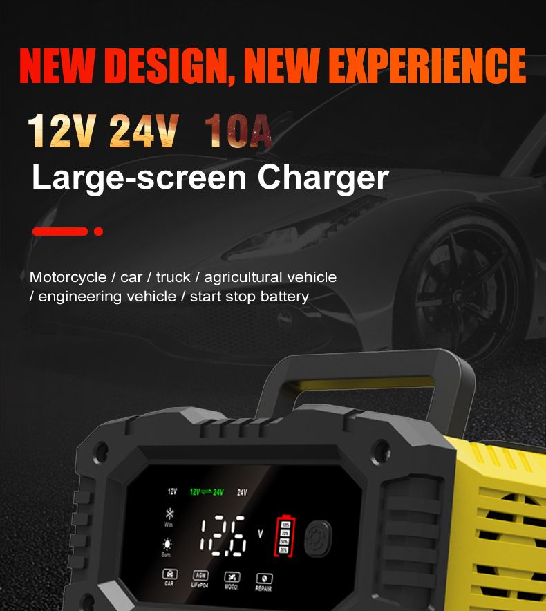 FOXSUR Tragbares Autobatterieladegerät 12V 24V Vielseitiges Ladegerät für AGM LiFePO4 Blei-Säure Motorrad LKW