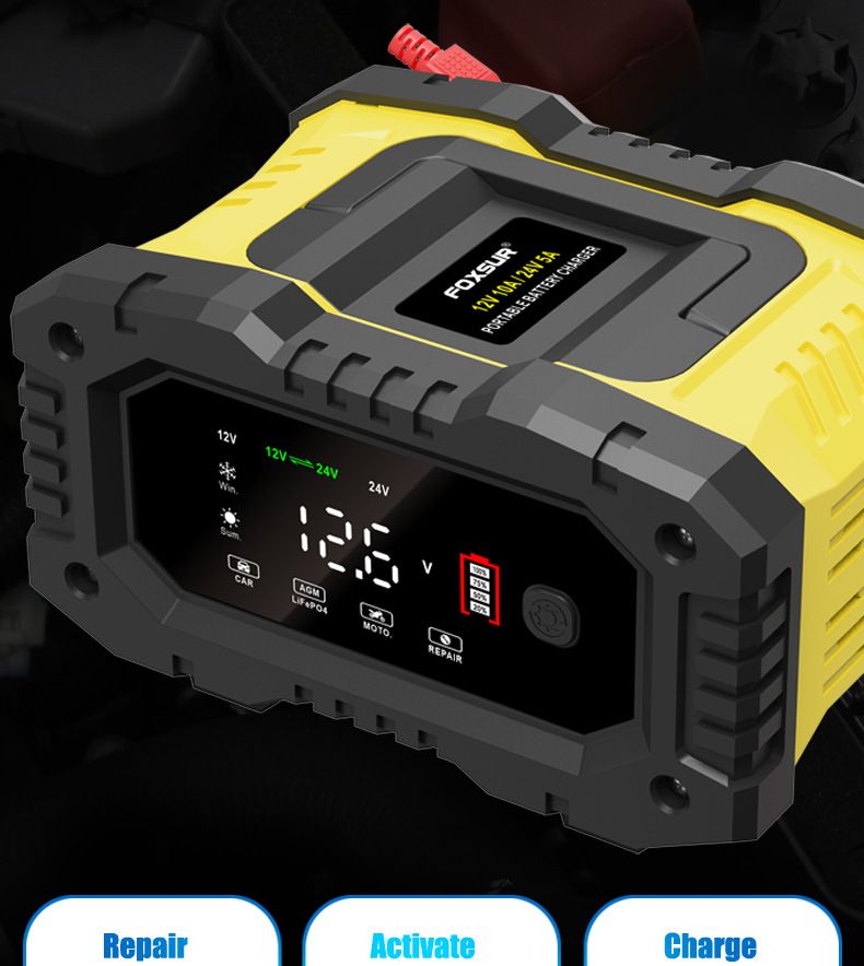 FOXSUR Tragbares Autobatterieladegerät 12V 24V Vielseitiges Ladegerät für AGM LiFePO4 Blei-Säure Motorrad LKW