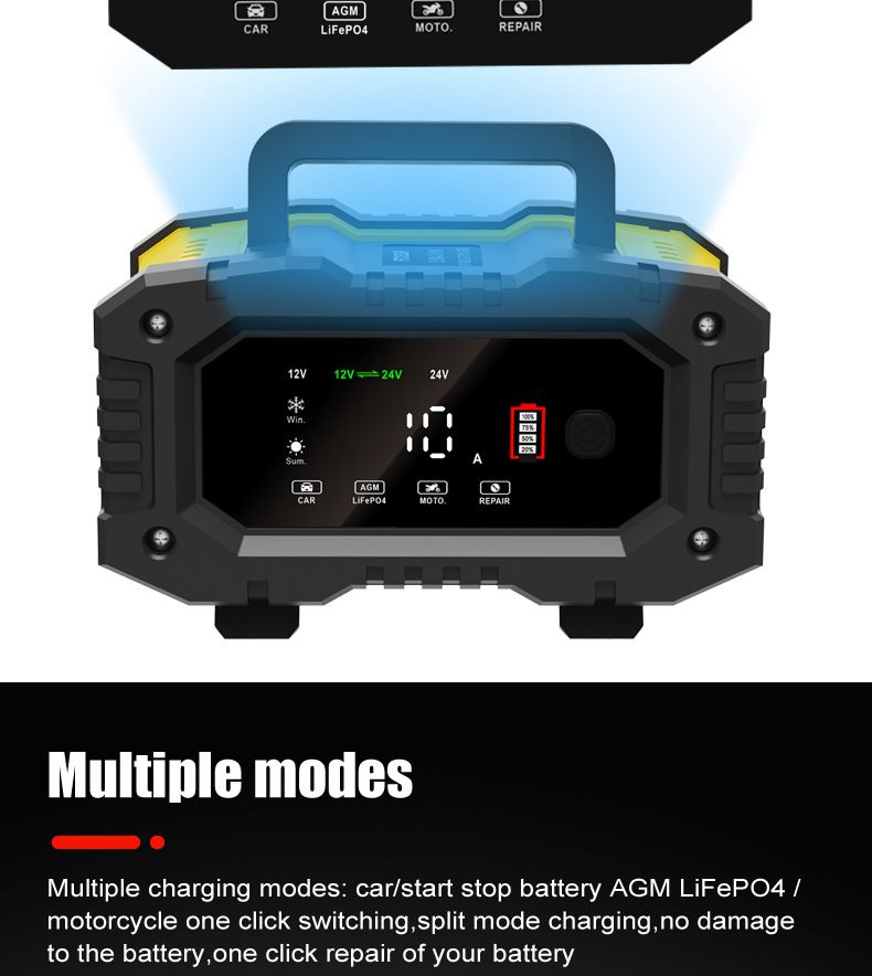 FOXSUR Tragbares Autobatterieladegerät 12V 24V Vielseitiges Ladegerät für AGM LiFePO4 Blei-Säure Motorrad LKW