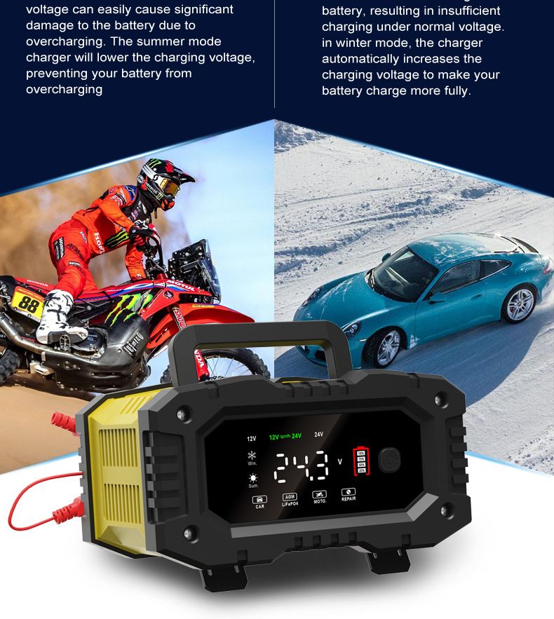 FOXSUR Tragbares Autobatterieladegerät 12V 24V Vielseitiges Ladegerät für AGM LiFePO4 Blei-Säure Motorrad LKW
