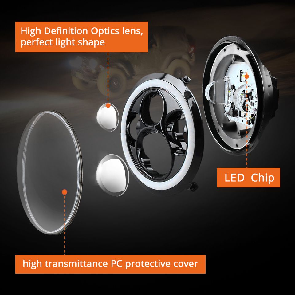 Motorrad-Licht 7-Zoll-LED-Scheinwerfer für Jeep Wrangler Lada Niva 4x4 Hellgelb Weiß Angel Eye Wetterfestes Design