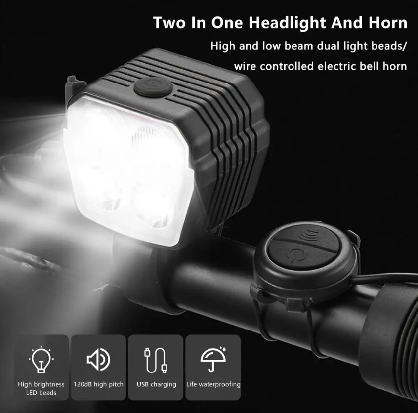 Fahrrad-Scheinwerfer-Horn 2-in-1 MTB-Fahrrad Nah- und Fernlicht 2/4 Lampen mit Perlenkabel-Steuerung Klingelhorn Fahrradzubehör