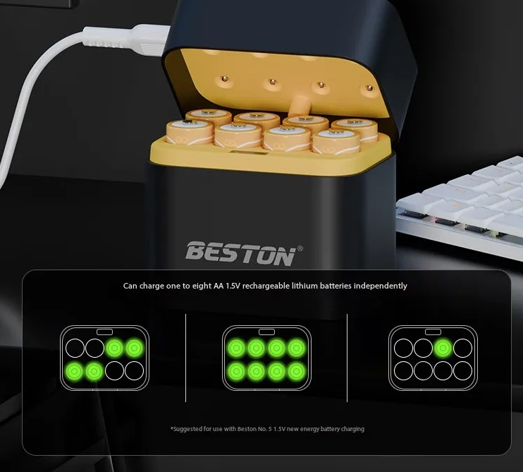 Beston Smart Batterieladegerät 8 Schächte AA mit 3600mWh 1,5V wiederaufladbaren Lithium-Batterien Schnelllade-Ladegerät-Set