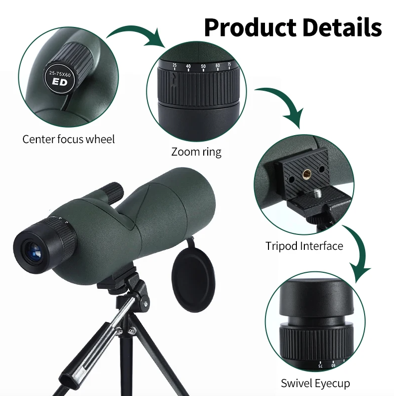 25-75x60 Zoom-Spektiv ED-Linse Leistungsstarkes Monokular Bak4-Prismen-Teleskop für Outdoor-Camping und Vogelbeobachtung