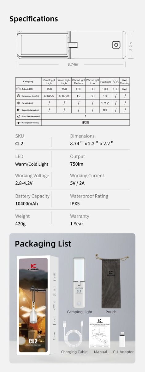 Klarus CL2 750 Lumen Freifaltendes Campinglicht Tragbare Augenschonende Vielseitige Lampe mit 7 Lichtmodi