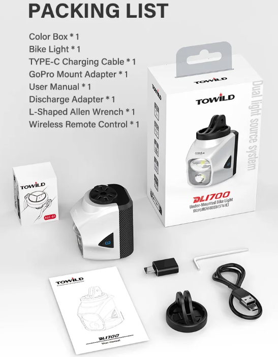 TOWILD DLite 1700 USB wiederaufladbarer Fahrradscheinwerfer 1900 Lumen wasserdichter Frontscheinwerfer DL1700 Fahrradlichter