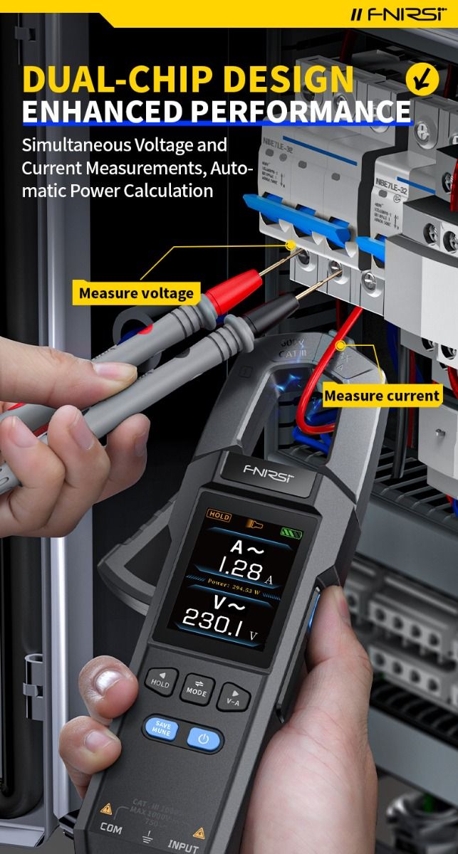 FNIRSI DMC-100 Zangenmultimeter Vollautomatisch Intelligent Hochpräzise Zangenmessgerät Amperemeter Universalmessgerät, misst NCV, AC/DC Spannung Strom, Durchgang Kapazität Diode Widerstand, Temperatur