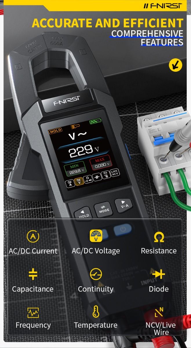 FNIRSI DMC-100 Zangenmultimeter Vollautomatisch Intelligent Hochpräzise Zangenmessgerät Amperemeter Universalmessgerät, misst NCV, AC/DC Spannung Strom, Durchgang Kapazität Diode Widerstand, Temperatur