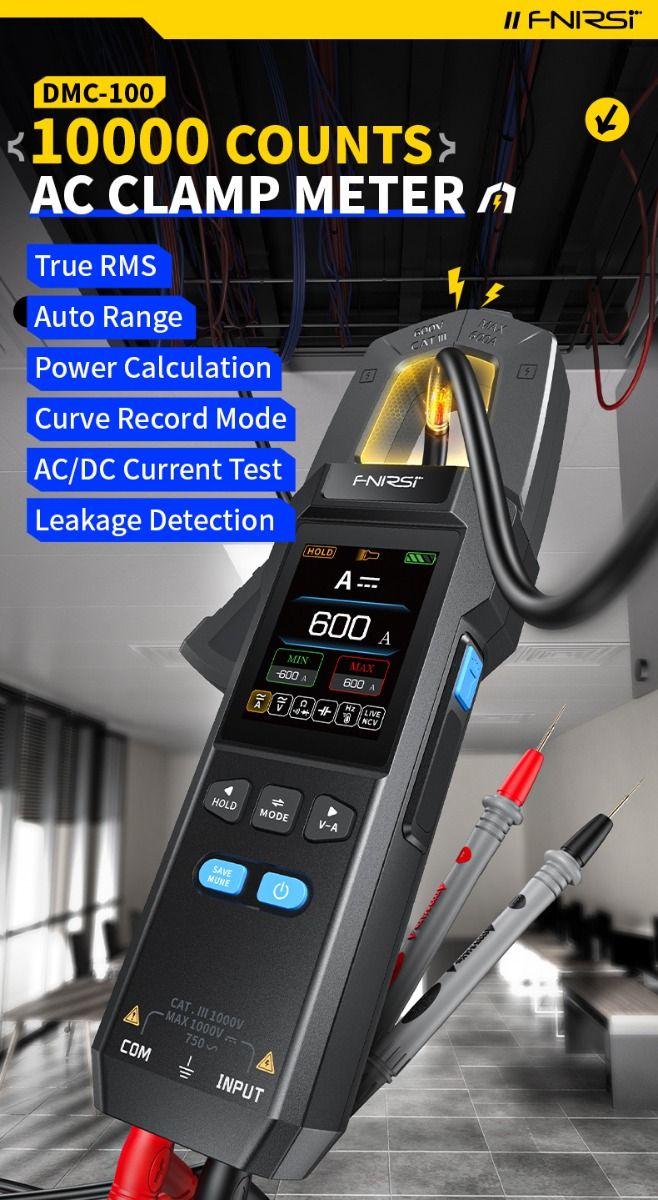 FNIRSI DMC-100 Zangenmultimeter Vollautomatisch Intelligent Hochpräzise Zangenmessgerät Amperemeter Universalmessgerät, misst NCV, AC/DC Spannung Strom, Durchgang Kapazität Diode Widerstand, Temperatur