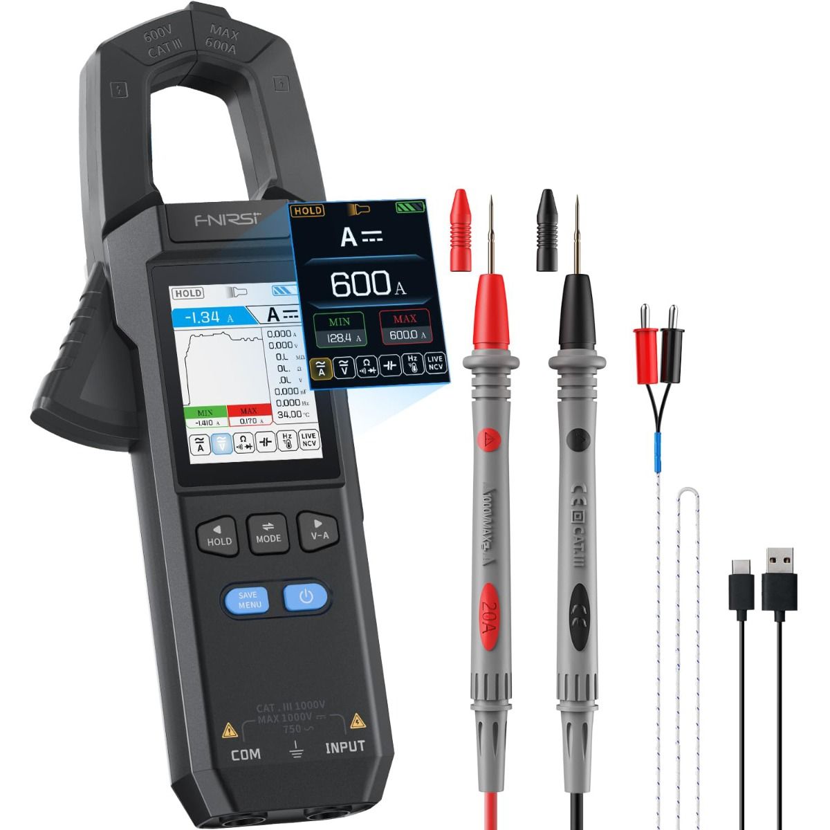 FNIRSI DMC-100 Zangenmultimeter Vollautomatisch Intelligent Hochpräzise Zangenmessgerät Amperemeter Universalmessgerät, misst NCV, AC/DC Spannung Strom, Durchgang Kapazität Diode Widerstand, Temperatur