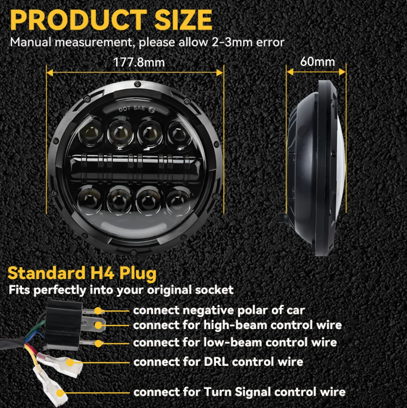 7 Zoll Motorrad LED-Scheinwerfer mit Abblendlicht, Tagfahrlicht (DRL) und Blinker - 7" runder Scheinwerfer für Harley Jeep Wrangler Hummer