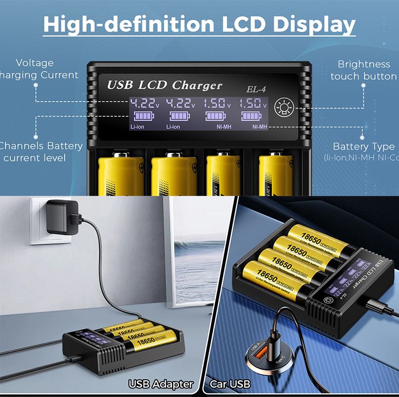 USB LCD Akku Smart Ladegerät – effizientes Ladegerät für 18650, AA, AAA Batterien mit LCD Display, vielseitig und tragbar