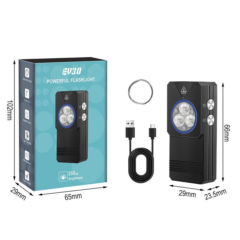 EV30 Mini LED EDC Taschenlampe mit 365nm UV-Licht, 550 Lumen, USB-C wiederaufladbare Taschenlampe für den Schlüsselbund