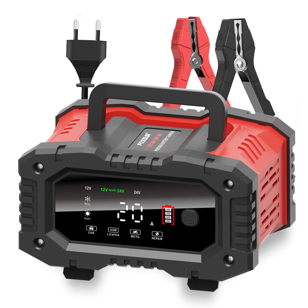 FOXSUR 20A Tragbares Autobatterieladegerät 12V 24V für Motorrad, LKW, AGM, LiFePO4, Blei-Säure-Batterie Wartung