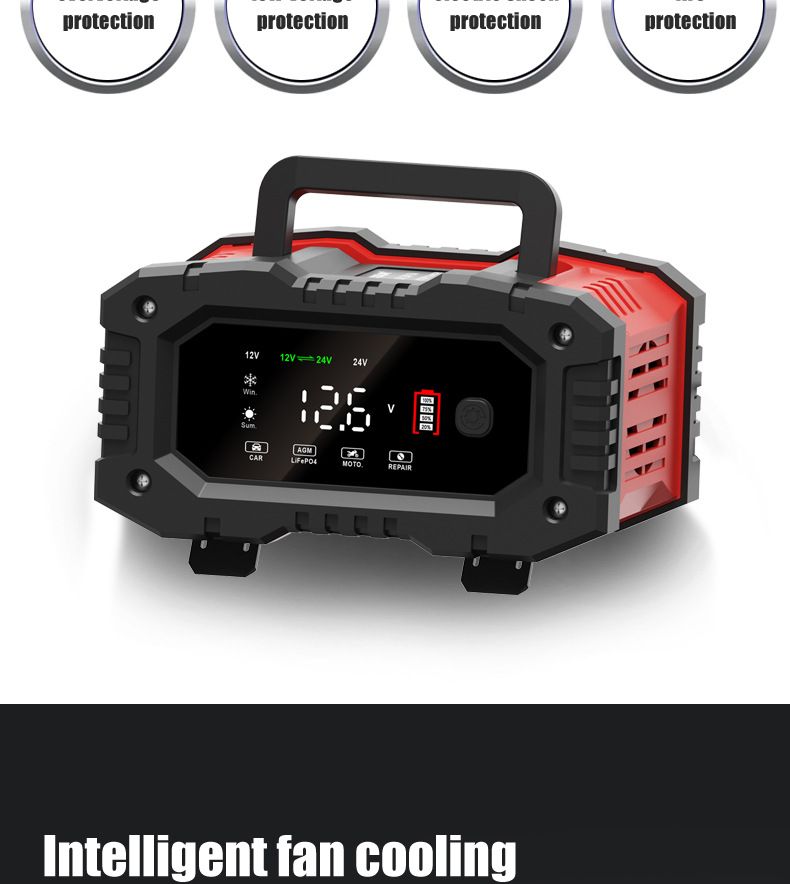 FOXSUR 20A Tragbares Autobatterieladegerät 12V 24V für Motorrad, LKW, AGM, LiFePO4, Blei-Säure-Batterie Wartung