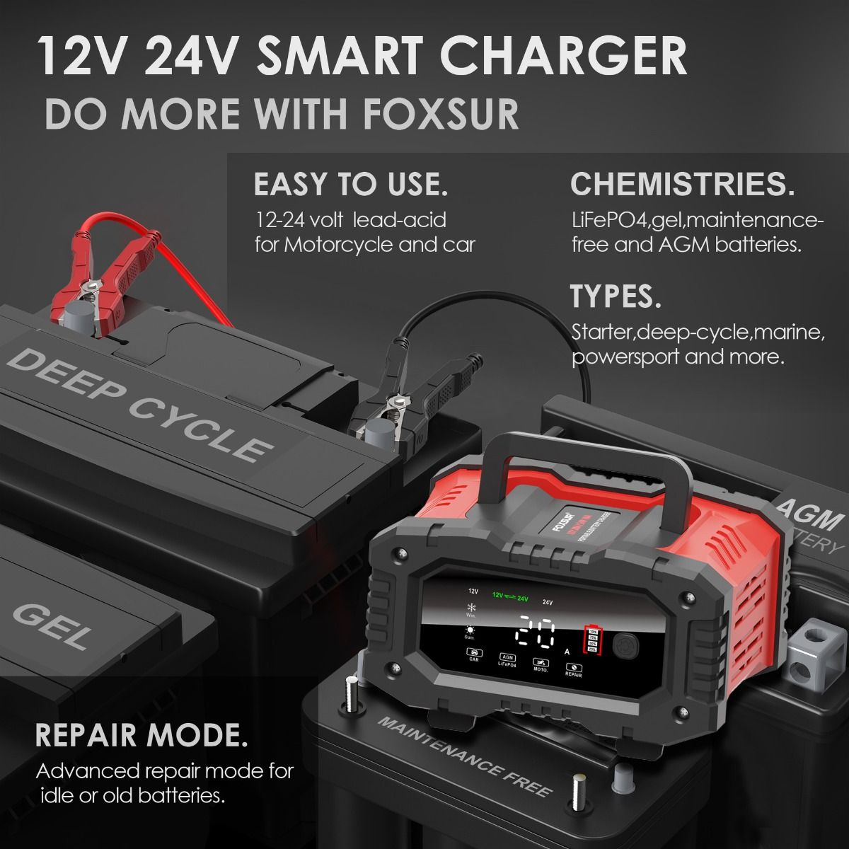 FOXSUR 20A Tragbares Autobatterieladegerät 12V 24V für Motorrad, LKW, AGM, LiFePO4, Blei-Säure-Batterie Wartung