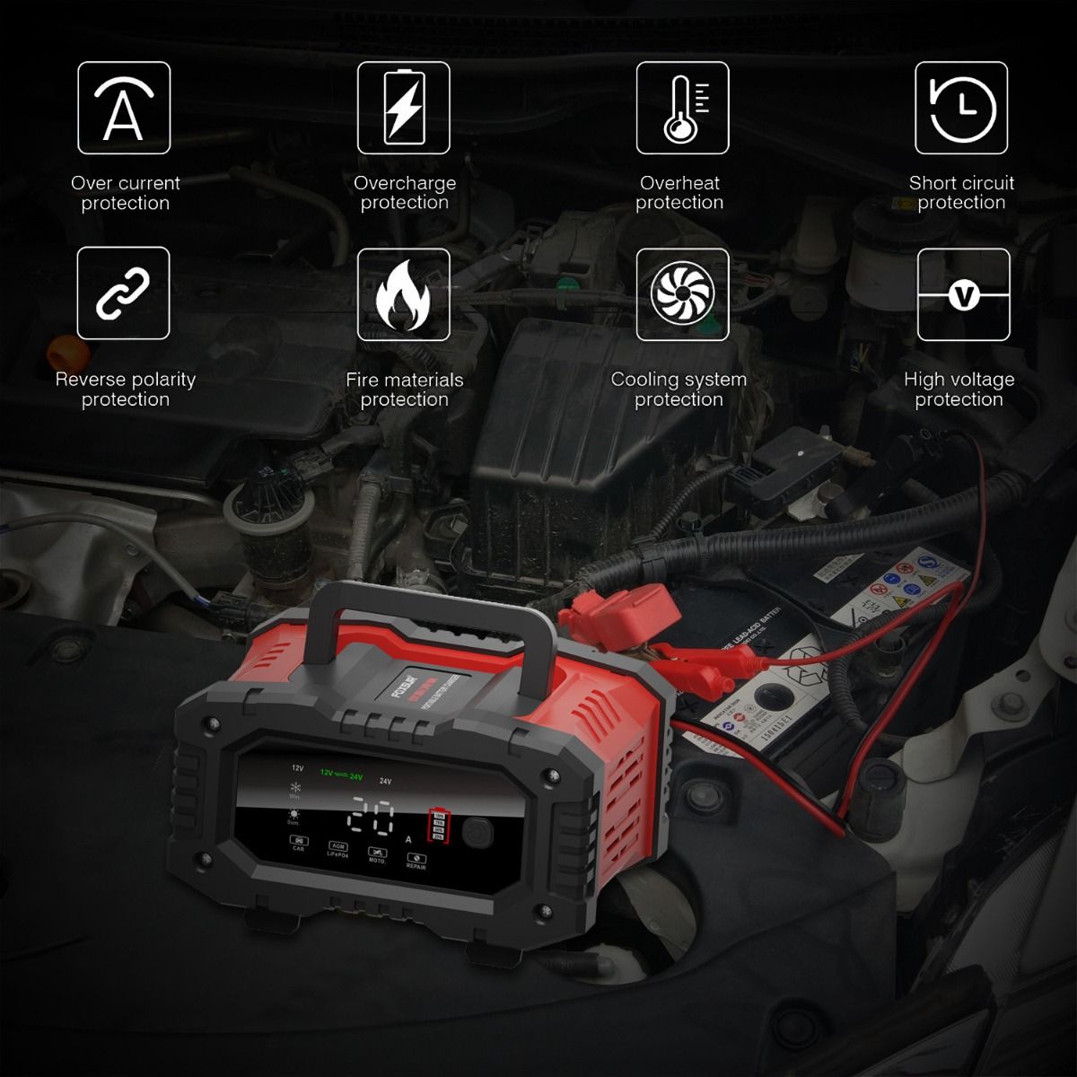 FOXSUR 20A Tragbares Autobatterieladegerät 12V 24V für Motorrad, LKW, AGM, LiFePO4, Blei-Säure-Batterie Wartung