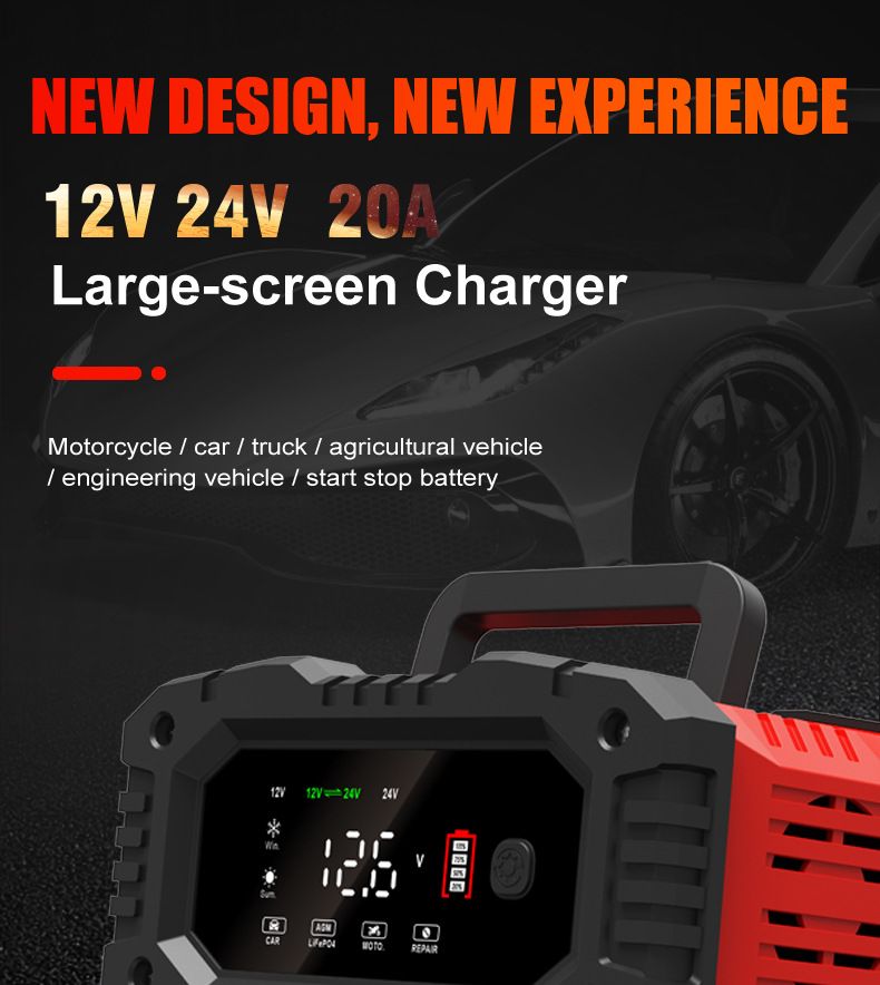 FOXSUR 20A Tragbares Autobatterieladegerät 12V 24V für Motorrad, LKW, AGM, LiFePO4, Blei-Säure-Batterie Wartung