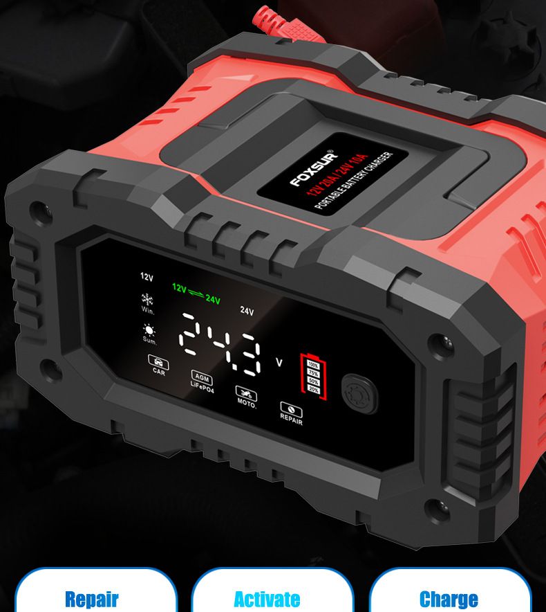 FOXSUR 20A Tragbares Autobatterieladegerät 12V 24V für Motorrad, LKW, AGM, LiFePO4, Blei-Säure-Batterie Wartung
