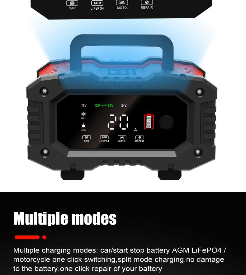 FOXSUR 20A Tragbares Autobatterieladegerät 12V 24V für Motorrad, LKW, AGM, LiFePO4, Blei-Säure-Batterie Wartung