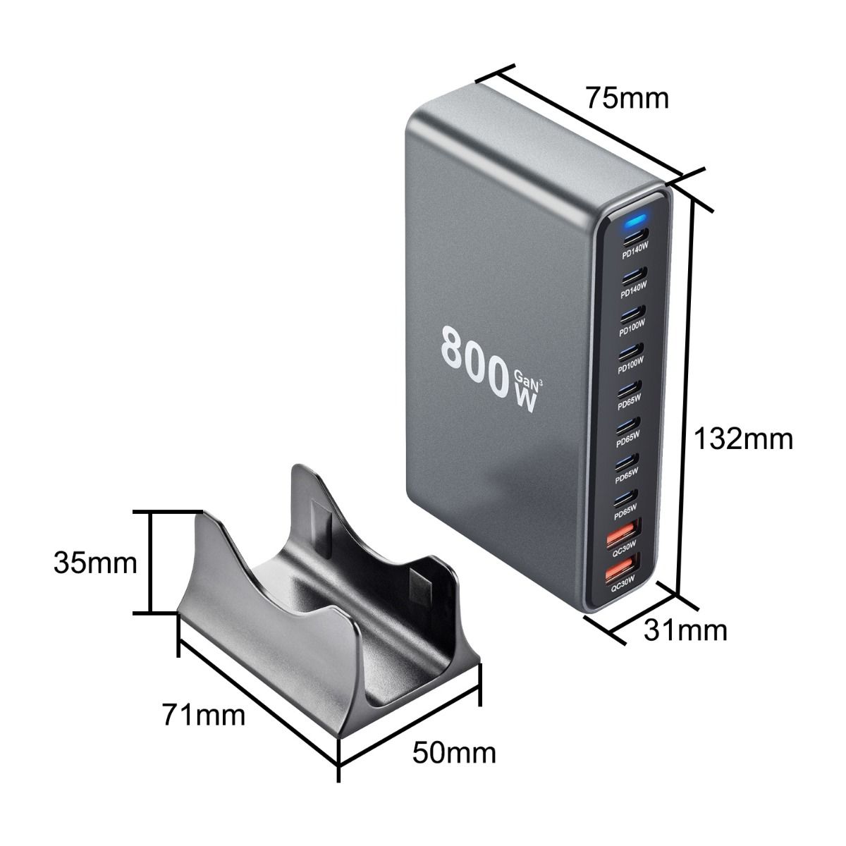 800W USB-C-Schnellladegerät-Block, 10-Port-USB-Ladestation, GaN Ⅲ Pro Dual 140W PD PPS Port-Ladegerät kompatibel