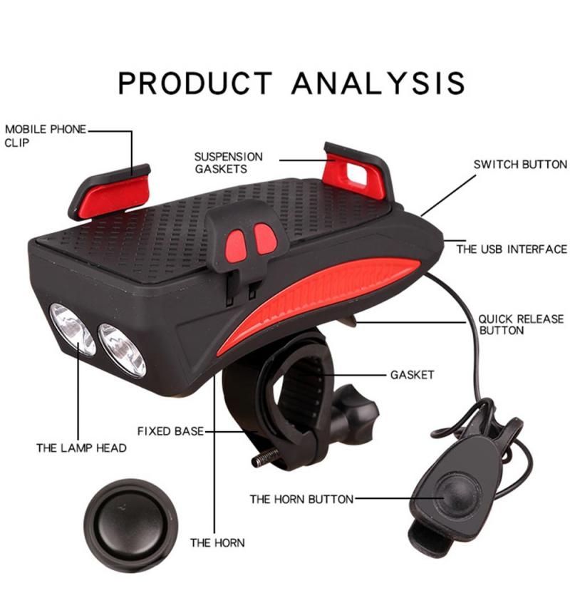 Multifunktions-4-in-1-MTB-Licht, USB-wiederaufladbarer LED-Fahrradscheinwerfer mit Hupe, Telefonhalter, Fahrradzubehör