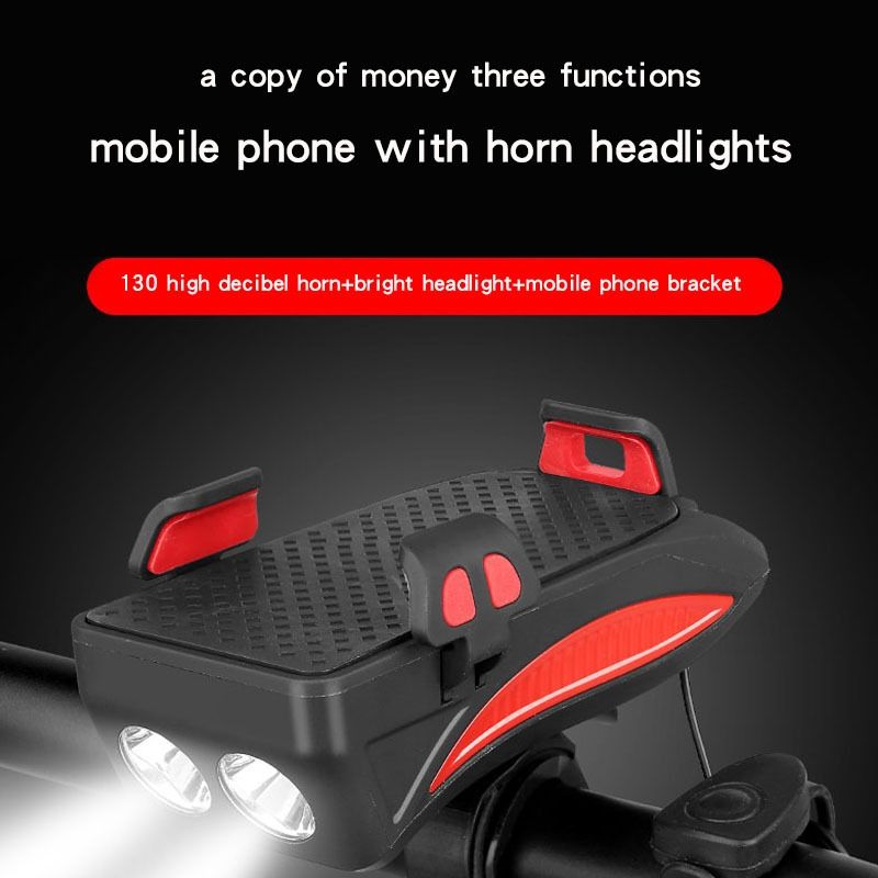 Multifunktions-4-in-1-MTB-Licht, USB-wiederaufladbarer LED-Fahrradscheinwerfer mit Hupe, Telefonhalter, Fahrradzubehör