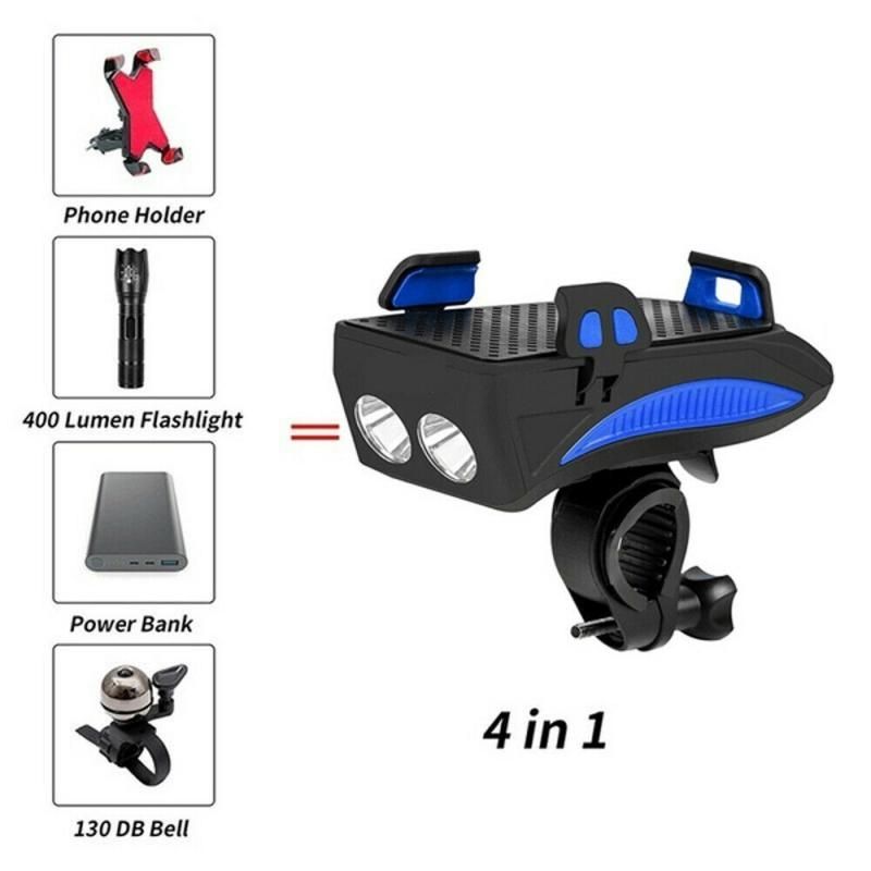 Multifunktions-4-in-1-MTB-Licht, USB-wiederaufladbarer LED-Fahrradscheinwerfer mit Hupe, Telefonhalter, Fahrradzubehör