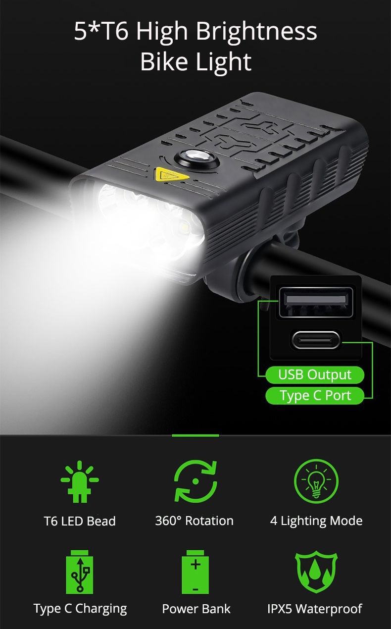 TK5 Fahrrad-Frontleuchten 5000 Lumen USB-wiederaufladbar wasserdicht superhell mit mehreren Modi fürs Radfahren