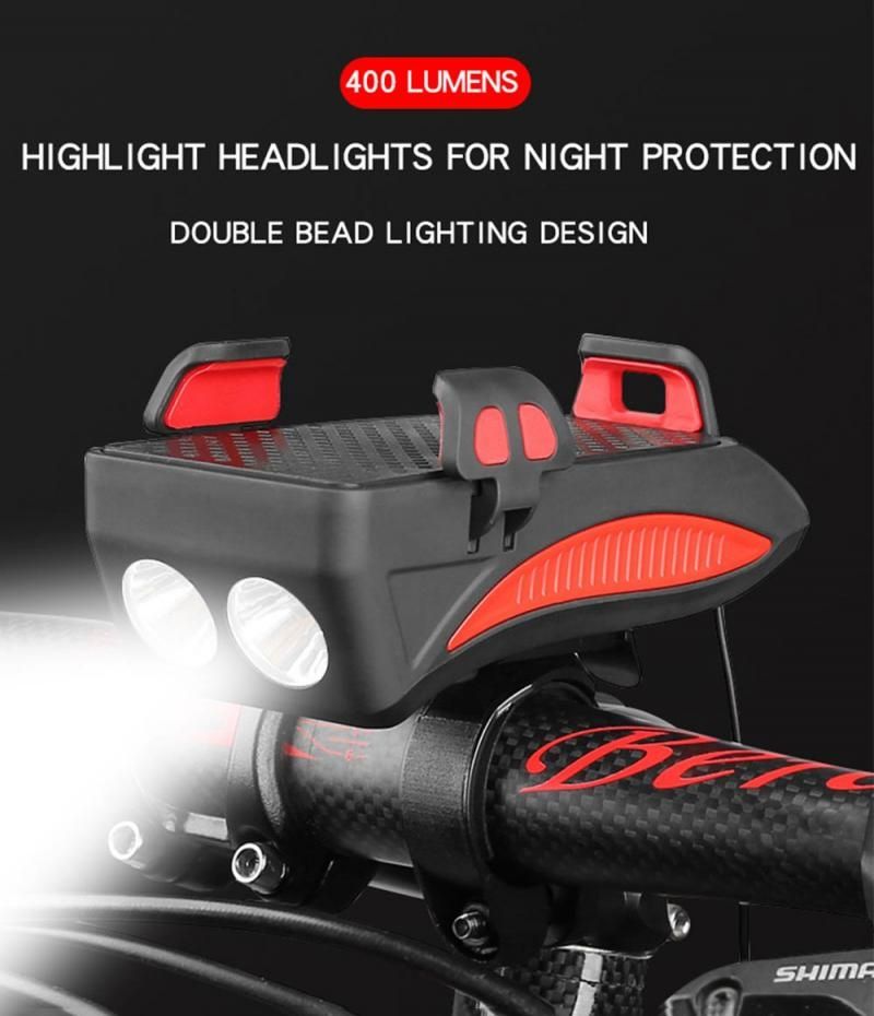 Multifunktions-4-in-1-MTB-Licht, USB-wiederaufladbarer LED-Fahrradscheinwerfer mit Hupe, Telefonhalter, Fahrradzubehör