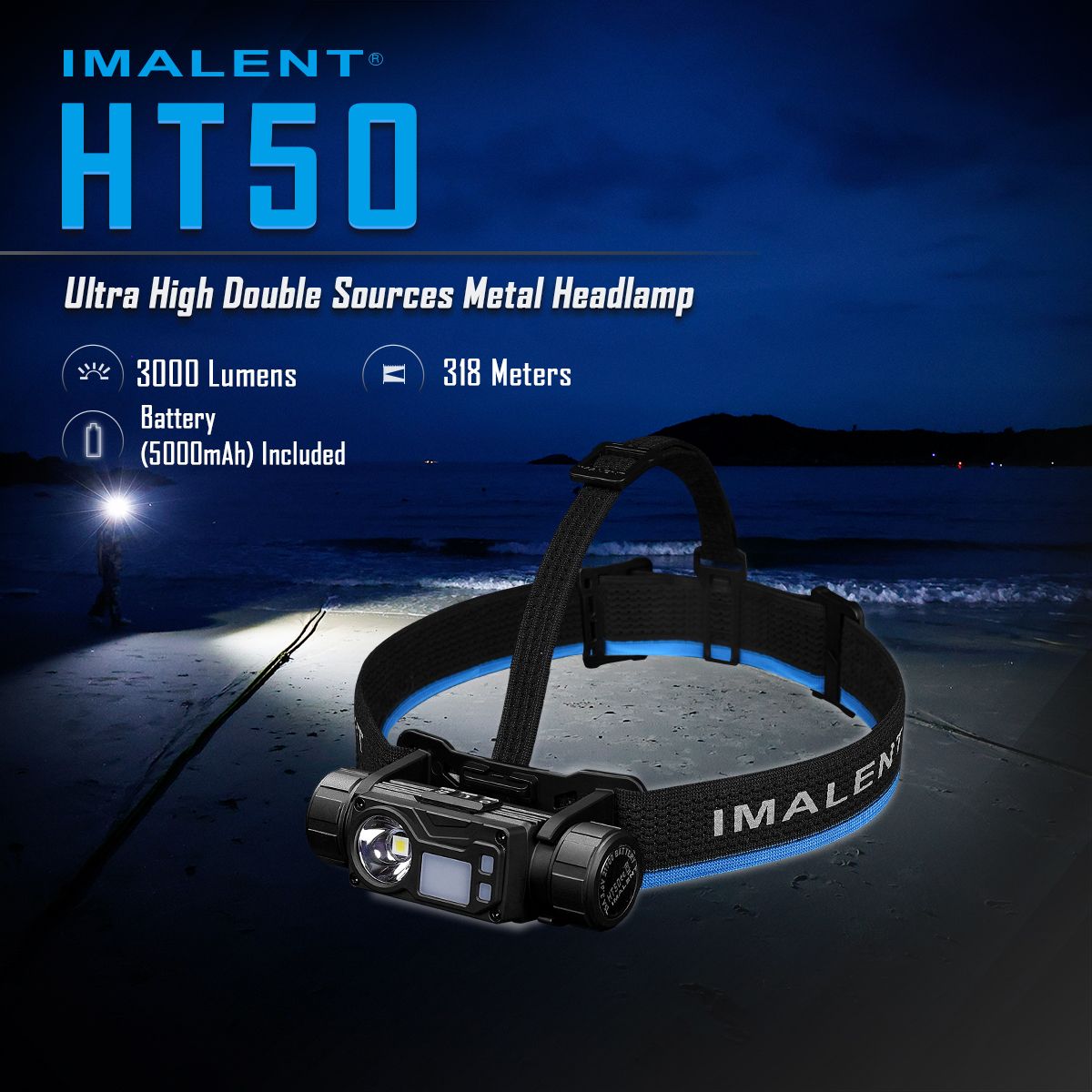 IMALENT HT50 LED Adventure-Stirnlampe, doppelte Lichtquellen, wiederaufladbar, leichtes Design, hohe Lumenleistung