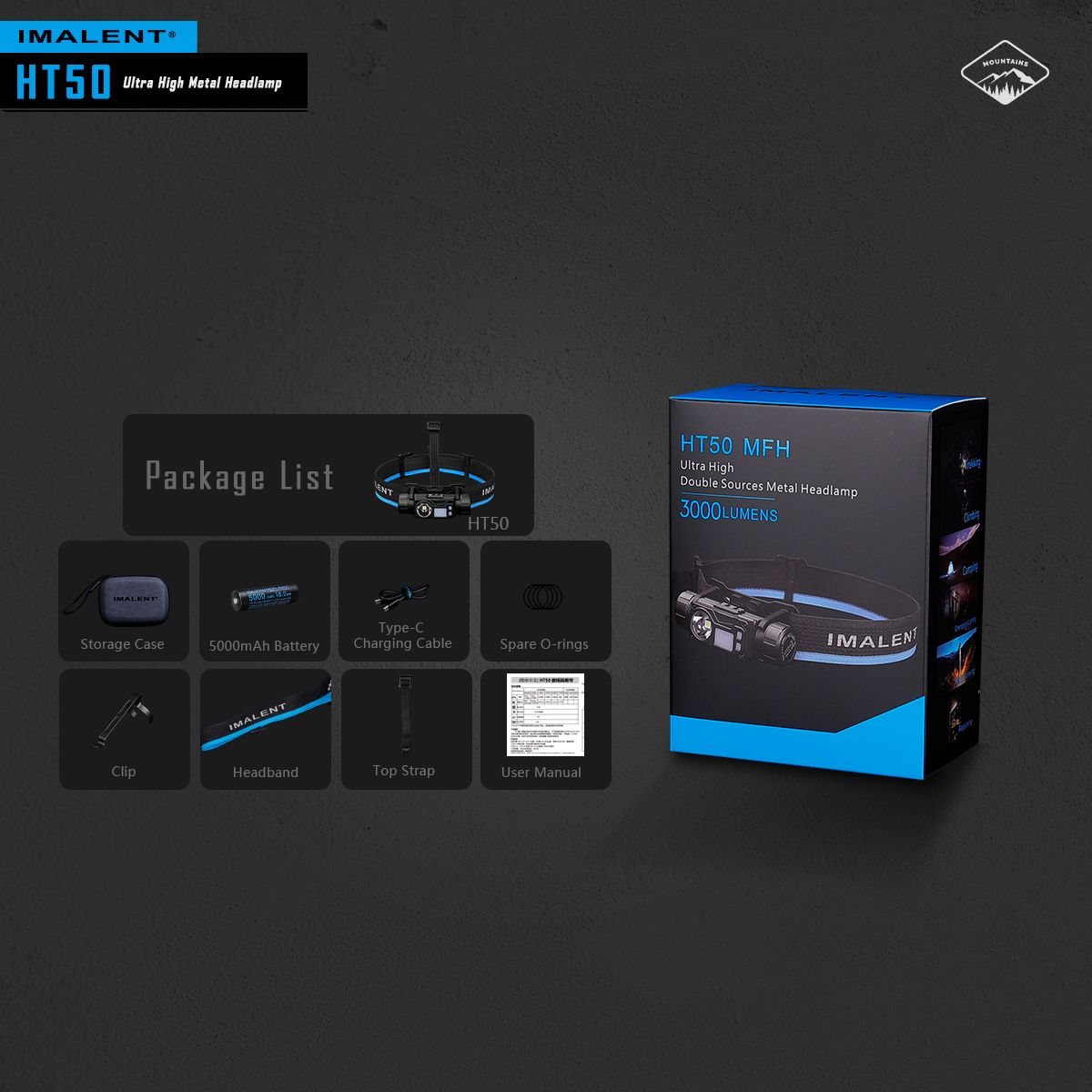 IMALENT HT50 LED Adventure-Stirnlampe, doppelte Lichtquellen, wiederaufladbar, leichtes Design, hohe Lumenleistung