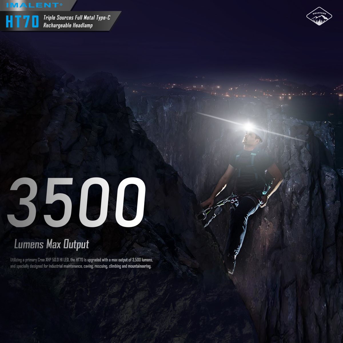 IMALENT HT70 Stirnlampe mit drei Lichtquellen, 3500 Lumen, wiederaufladbar, ergonomisches Design für Outdoor-Abenteuer