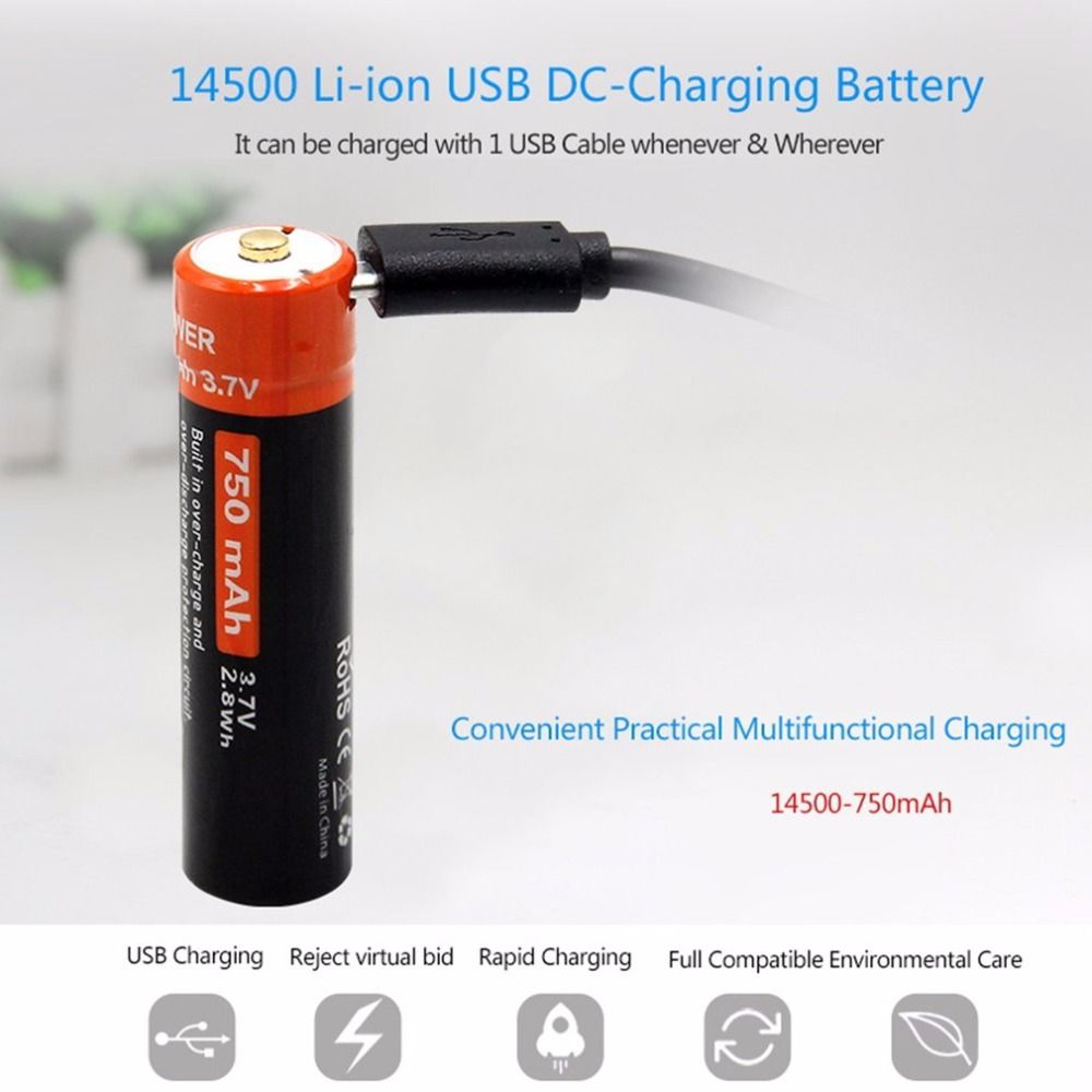 Doublepow 14500 750mAh wiederaufladbarer Akku 3,7V Li-Ion mit Micro USB für High-Drain-Geräte und Camping