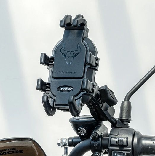 ROCKBROS Handyhalterung – robuste Aluminiumhalterung für Motorrad und Fahrrad mit Silikon-Stoßdämpfung und verstellbarem Ständer