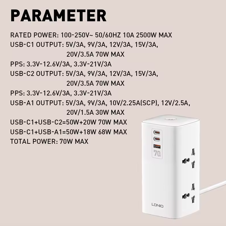 LDNIO Tower Mehrfachsteckdosen-Würfel, 4 Steckdosen, 70W Ladeanschlüsse, Netzfilter, UK/US/EU-Steckertyp zu Universaladapter