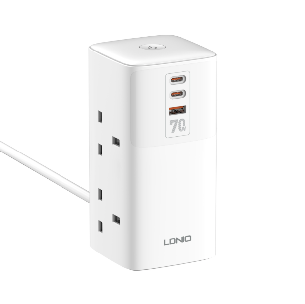 LDNIO Tower Mehrfachsteckdosen-Würfel, 4 Steckdosen, 70W Ladeanschlüsse, Netzfilter, UK/US/EU-Steckertyp zu Universaladapter