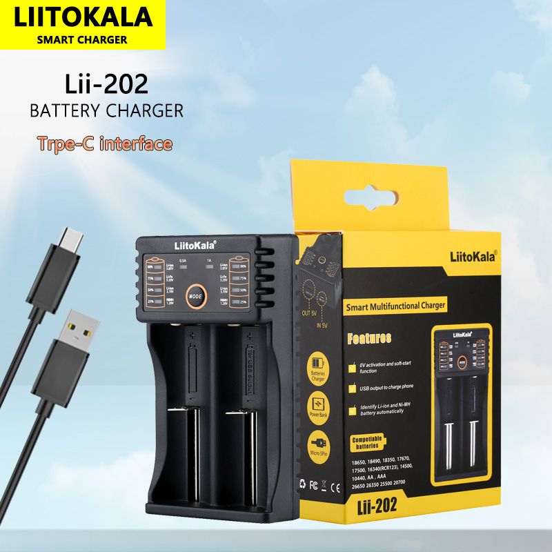 Liitokala Lii-202 Smart-Ladegerät für 18650 26650 21700 NiMH Lithium-Akkus mit zwei Kanälen und USB-Ausgang
