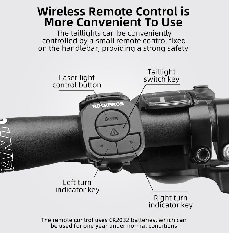 ROCKBROS LKWD-R1 Fahrradlicht Smart USB LED mit kabelloser Fernbedienung Blinkersignal Laserprojektor für Fahrradsicherheit