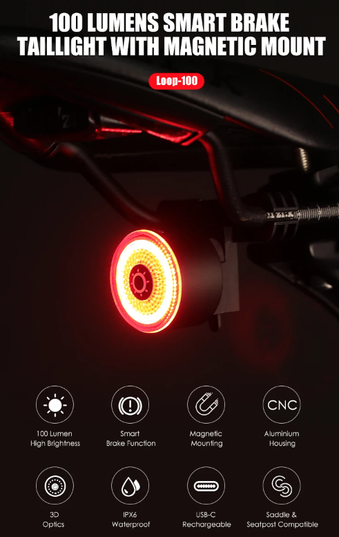 Gaciron LOOP-100 Hohe Helligkeit Fahrradrücklicht Bremsensensor Aluminiumlegierung für Stadt- und Geländefahrten