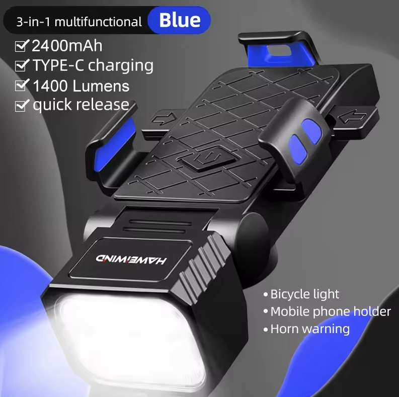 Fahrrad-Frontlicht mit Hupe & Handyhalter – Multifunktionale Handyhalter-Lampe, Fahrrad-Scheinwerfer, Fahrradzubehör