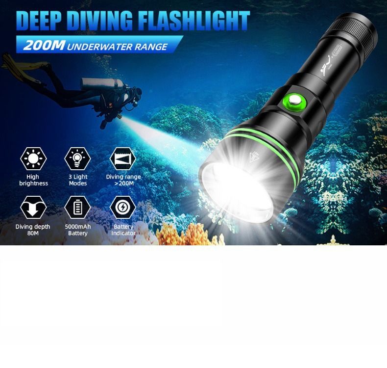 P70 Tauchlampe, Tauchleuchte 5000 Lumen superhelle Blitzlichter, IPX8 wasserdichte Unterwasser-Nachttauchlampe, bis 200 Meter tauchfähiges Licht