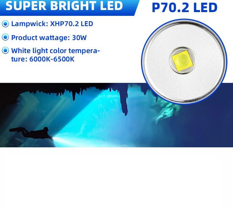 P70 Tauchlampe, Tauchleuchte 5000 Lumen superhelle Blitzlichter, IPX8 wasserdichte Unterwasser-Nachttauchlampe, bis 200 Meter tauchfähiges Licht