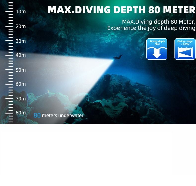 P70 Tauchlampe, Tauchleuchte 5000 Lumen superhelle Blitzlichter, IPX8 wasserdichte Unterwasser-Nachttauchlampe, bis 200 Meter tauchfähiges Licht