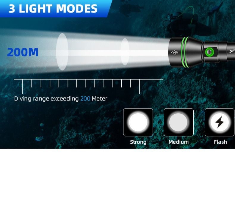 P70 Tauchlampe, Tauchleuchte 5000 Lumen superhelle Blitzlichter, IPX8 wasserdichte Unterwasser-Nachttauchlampe, bis 200 Meter tauchfähiges Licht