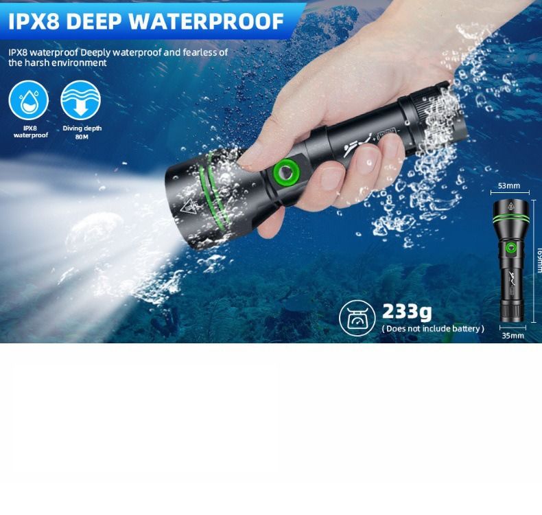 P70 Tauchlampe, Tauchleuchte 5000 Lumen superhelle Blitzlichter, IPX8 wasserdichte Unterwasser-Nachttauchlampe, bis 200 Meter tauchfähiges Licht