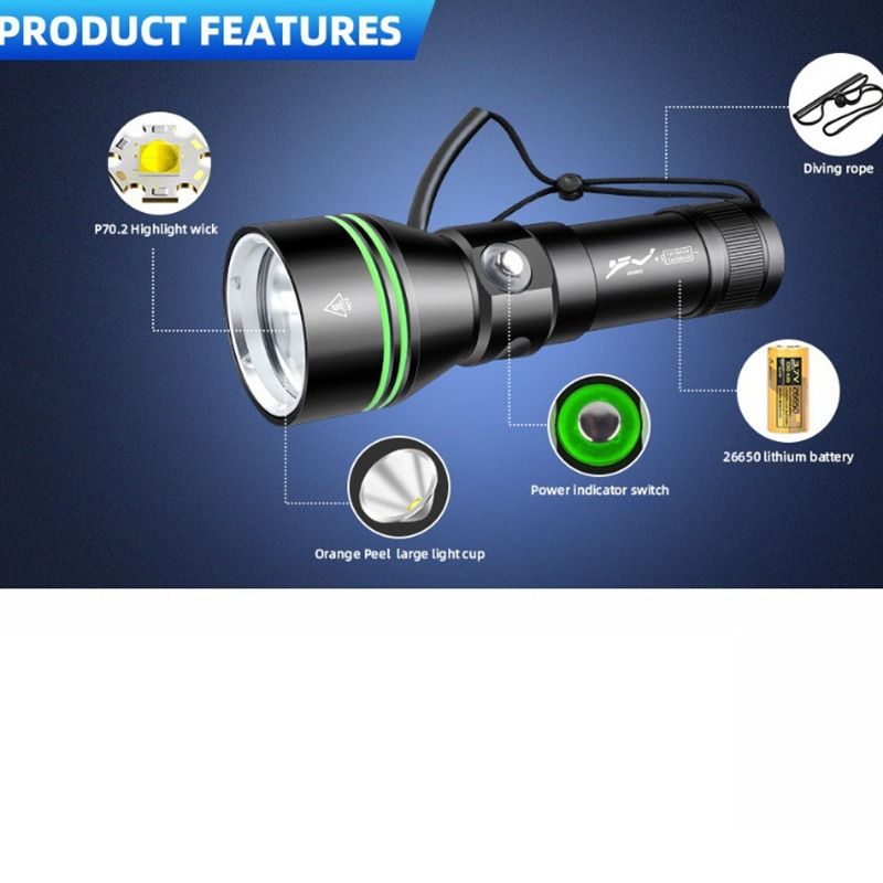 P70 Tauchlampe, Tauchleuchte 5000 Lumen superhelle Blitzlichter, IPX8 wasserdichte Unterwasser-Nachttauchlampe, bis 200 Meter tauchfähiges Licht