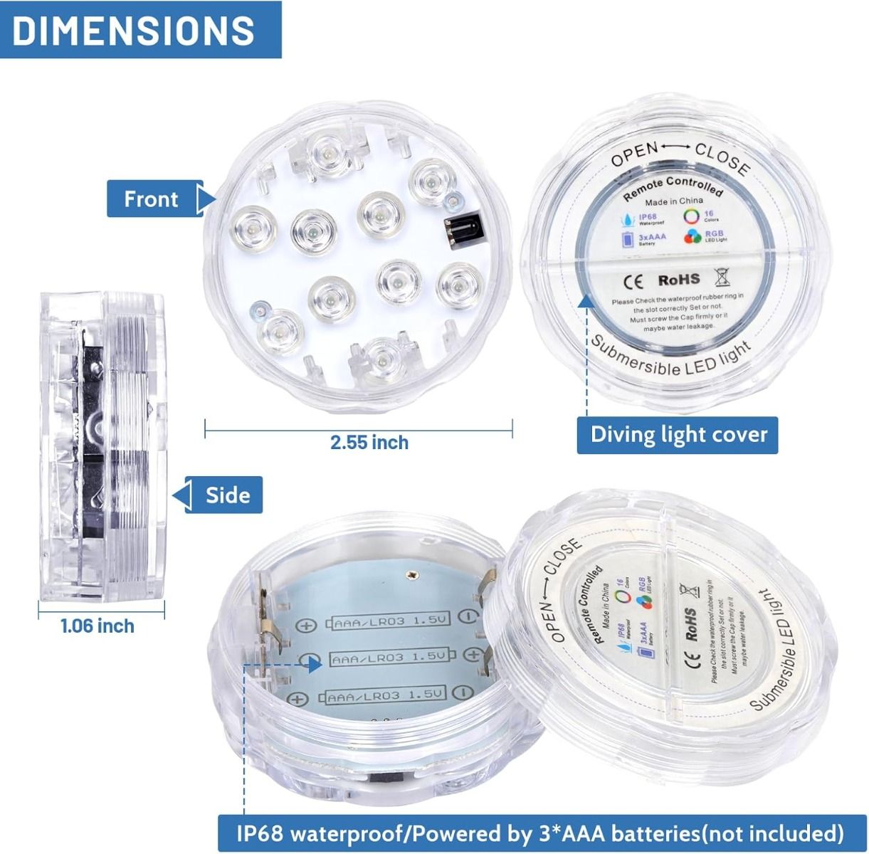 LED Pool Lights 2-Pack, Remote Control, Suction Cup for Pools, Spas, Ponds
