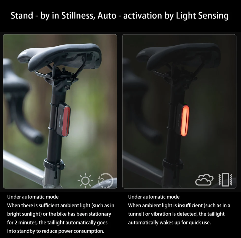 ROCKBROS Magnetisches Fahrradrücklicht IPX6 wasserdicht 7 Modi intelligenter Sensor Nacht-Sicherheitswarnlicht Fahrradzubehör