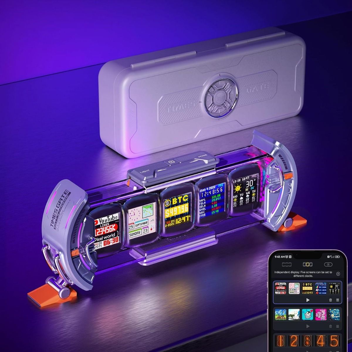 Divoom Times Gate - Cyberpunk Gaming-Setup Digitaler Wecker, Smart-App, WiFi-Verbindung, RGB-LED-Display, Personalisiertes Finanz- und Bitcoin-Dashboard, Pixel-Art für Gaming-Zimmer und Bürodekoration